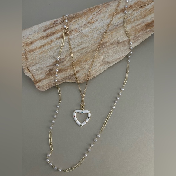 Gold & White Heart Trendy Necklace Set - Boho Layered Necklace Set - Picture 5 of 16